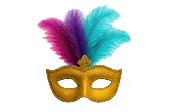 Golden carnival mask with colorful feathers celebrating mardi gras