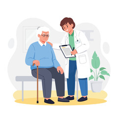 Caring doctor consoling elderly patient with compassion during consultation in modern office, healthcare illustration