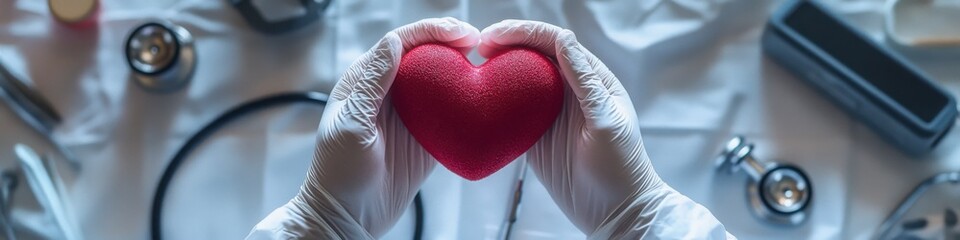 Gloved Hands Holding Red Heart with Medical Tools – Symbol of Compassionate Healthcare and Diagnostics