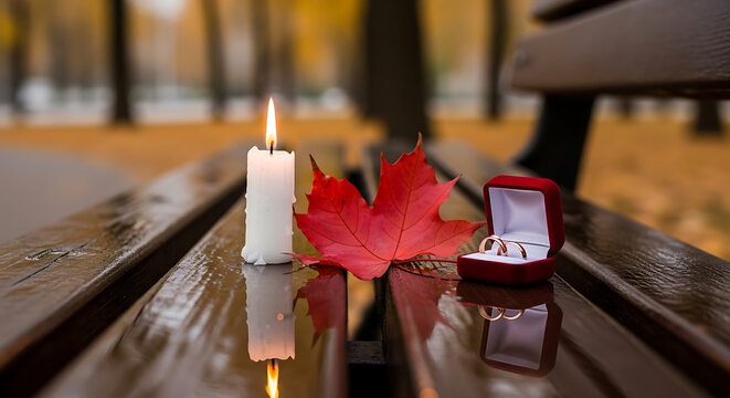 An intimate moment with engagement rings and a candle on a park bench. 