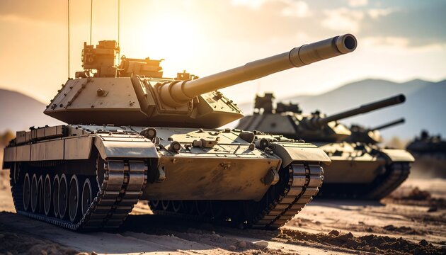 Armored tanks on patrol in a mountain desert at dawn