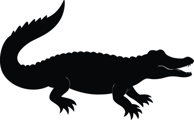 Fototapeta premium Black vector silhouettes of a crocodile, dinosaur, and dragon isolated on a white background show ancient reptile and mythological animal forms