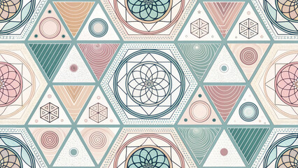 Harmonious geometric seamless pattern with repeating triangle and hexagon shapes. This abstract spiritual background features intricate mandala