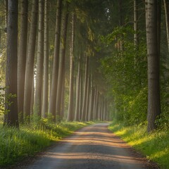 Fototapeta premium Sunlit forest path with tall trees and morning mist serene nature landscape