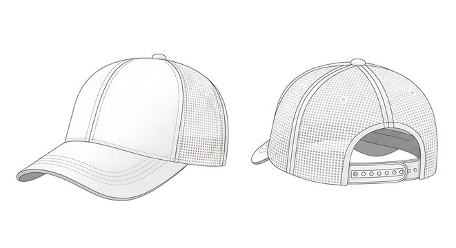 Front and Back View of a White Baseball Cap Sketch.