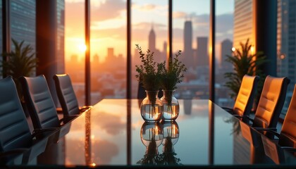 Obraz na płótnie Canvas Empty modern conference room with city skyline view at sunset. Leather chairs surround a sleek table. Green plants in vases add a touch of nature, reflecting warm golden light.