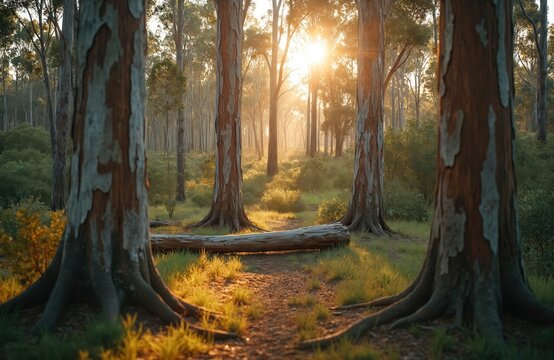 Australian bushland at sunrise. Trees with peeling bark stand on either side of dirt path. Sunlight filters through forest, casting warm glow on grass, fallen log. Peaceful natural environment with