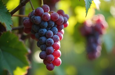 Juicy ripe grapes hang on vine branch. Sunlight illuminates red and blue berries on green leaf background. Healthy organic fruit harvest for wine or juice.