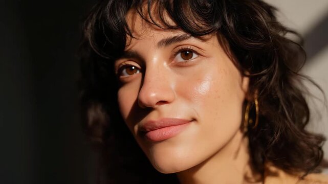 In this beautiful image, a woman enjoys soft sunlight on her face, eyes closed in serenity, embodying a moment of relaxation and self-reflection in a tranquil environment.