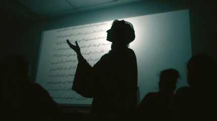 A silhouetted figure of a female teacher gestures passionately as she teaches Arabic. The scene is backlit by a bright projector screen showing Arabic verb conjugations. 
