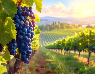 Vibrant Vineyard Scene Showcasing Fresh Grapes and Rolling Hills Under the Sun