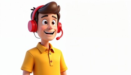 Friendly cartoon agent wears headset smiles warmly. Illustration shows helpful support person ready assist clients. Tech pro offers communication solutions online. Perfect for business customer