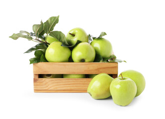 Ripe green apples in wooden crate isolated on white