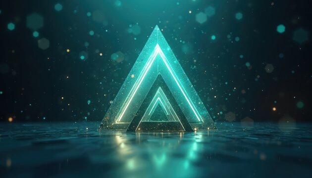Glowing blue triangular shapes overlap in 3D geometric abstract background. Light effects, sparkles surround modern design elements. Dark background with reflective surface enhances sleek creative
