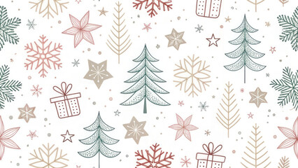 Joyful minimal christmas seamless pattern with simple winter holiday elements. festive design with cute tree and snowflake doodles for celebration