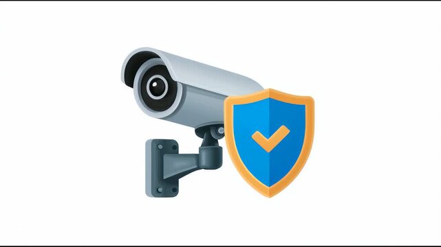 Modern surveillance technology featuring security camera with glowing blue protection shield icon. secure system offering digital safety, monitoring, and complete verification for trust