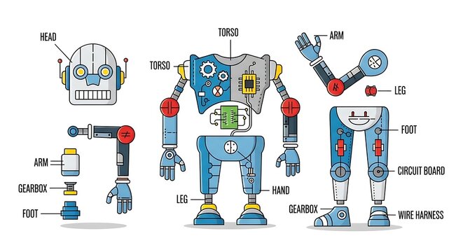 Exploded View of a Cartoon Robot with Labeled Parts.