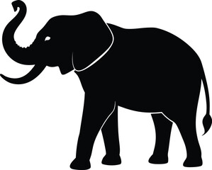 Obraz premium Large gray mammal elephant walking in wildlife with its trunk up, a simple silhouette vector illustration of a big pachyderm animalLarge gray mammal elephant walking in wildlife with its trunk up, a s