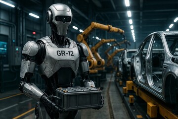 Fototapeta premium Robot GR-12 working in an advanced automotive manufacturing facility with robotic arms in action