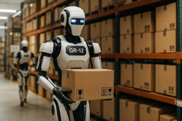 Robots efficiently managing package delivery in a modern warehouse setting during the daytime