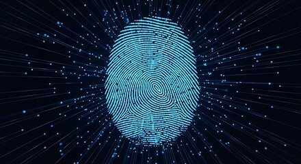 Ultra highresolution, professional studio photography of digital fingerprint composed of glowing blue binary code and particles, representing identity and security