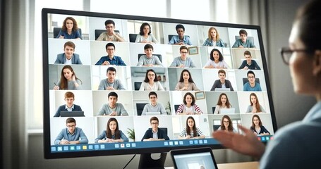 Virtual meeting with diverse participants engaged in discussion on a large screen (1)