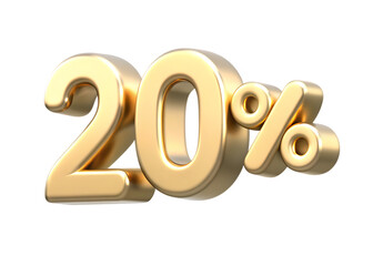 3d golden twenty percent 20 isolated on white background, png, ai generated