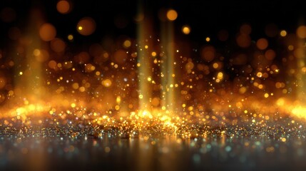 Vibrant golden bokeh lights erupting from a dark surface, creating a magical, celebratory atmosphere perfect for festive events and abstract backgrounds.