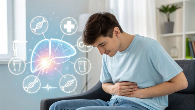 Sick young man feeling liver pain and stomach disease using medical technology. futuristic health hologram shows patient organ