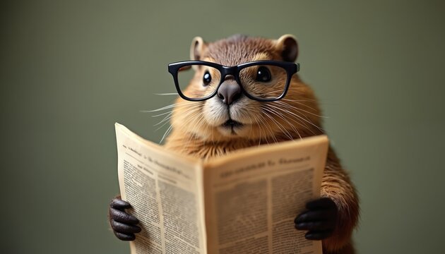 Brown beaver with glasses reads paper. Rodent holds newspaper, focused on information. Cute animal portrait, wildlife study, intelligent mammal.