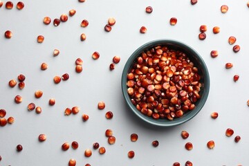 Ripe red corn kernels and bowl on grey background, flat lay