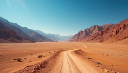 Naklejka premium Dirt road winds through arid desert landscape surrounded by rocky mountains under clear blue sky. Desert terrain with sparse vegetation and rugged terrain stretches into the distance.