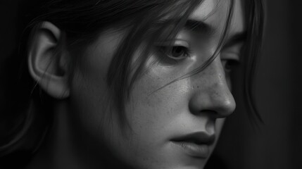 Obraz premium Close up portrait of a young person with thoughtful expression in grayscale