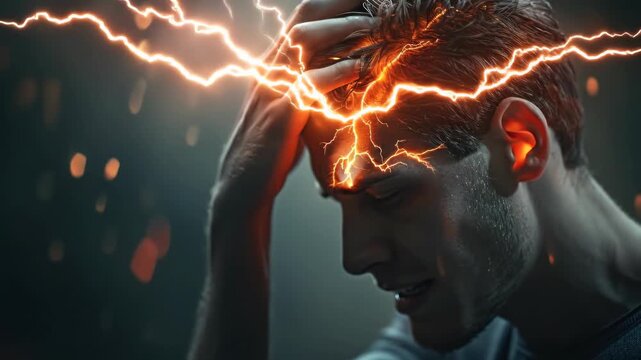 Man gripped by severe neurological brain pain, a sudden cerebrovascular event, resembling an ischemic or hemorrhagic stroke, a critical fleeting episode.