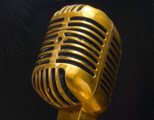Vintage Golden Microphone on Black Background: Recording, Music, and Entertainment