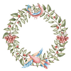 Fototapeta premium A stylized wreath with rowan branches and fairytale birds. Isolated watercolor illustration for tableware, kitchen linens, plate printing, clothing, fabric, and children's room design.