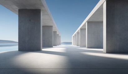 Obraz premium This image features concrete pillars and a bridge structure under a clear blue sky, showcasing modern architectural design with clean lines and geometric forms.