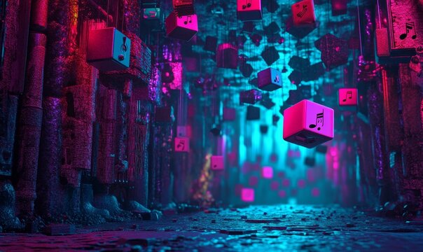 In neon light, abstract music notes and floating cubes coexist harmoniously