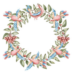 Fototapeta premium A stylized round frame with rowan branches and fairytale flying birds. Isolated watercolor illustration for tableware, kitchen linens, plate printing, clothing, fabric, and children's room design.
