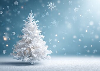 A white Christmas tree surrounded by falling snowflakes in a serene winter background, creating a festive and wintry atmosphere.