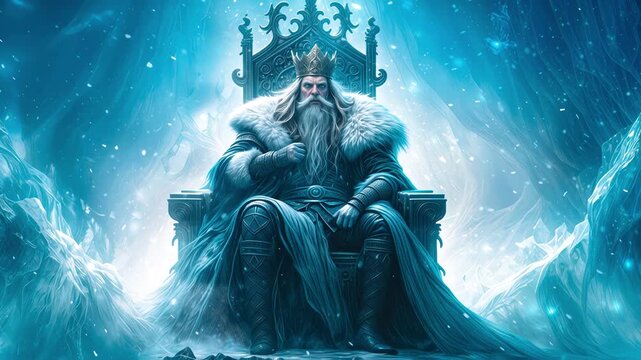 Ice king sitting on throne in frozen realm