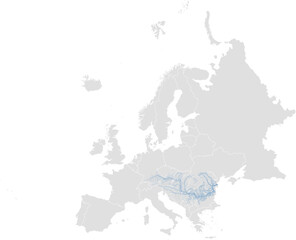 Fototapeta premium Danube river system – rivers vector map of Europe highlighting main stem, primary and secondary tributaries (LAEA, scaled by river size, PPT-compatible, multi-layered & fully editable)
