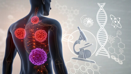 Serious medical illustration of cancer cell growth in human torso. Scientific research with microscope and DNA analysis for disease study