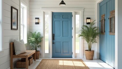 Naklejka premium Coastal home interior with blue door, shiplap walls, natural fiber rug. Classic entryway style with white walls, brown bench, green plants. Beautiful interior design with elegant decorative elements.