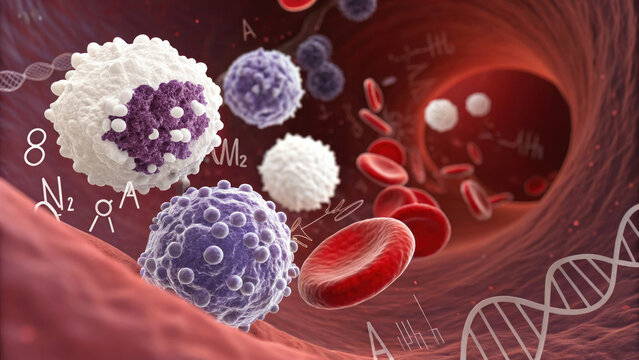 Scientific illustration of blood flow inside human vein showing various cells, detailed view of medical anatomy for healthcare research