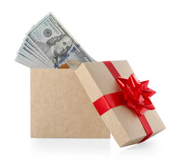 Gift box with dollar banknotes isolated on white