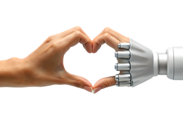 human and robot hands forming a heart shape isolated on white background, png, ai generated