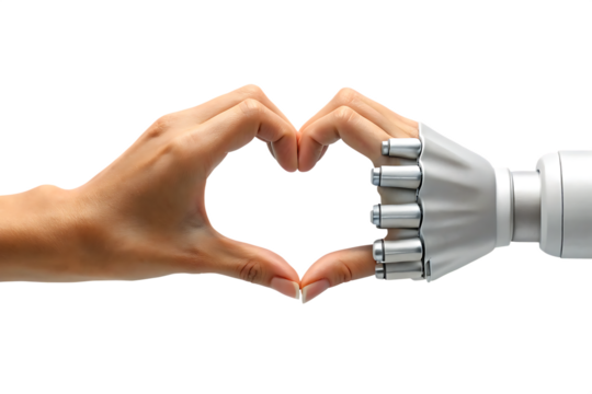 human and robot hands forming a heart shape isolated on white background, png, ai generated