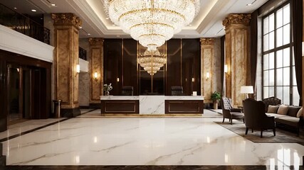 Elegant hotel lobby with marble floors and crystal chandeliers showcasing luxurious architectural design and opulent ambiance perfectly suited for - Powered by Adobe