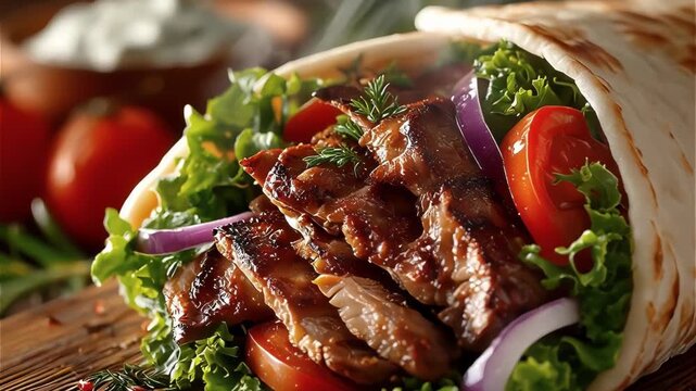 Grilled meat wrap flatbread salad tomato onion lettuce sauce herbs closeup juicy smoky spicy tender rustic lunch dinner takeaway street food rustic